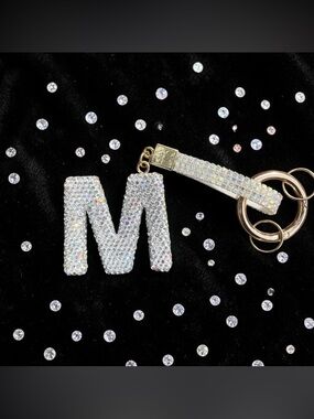 Blinged Out Alphabet Letter "M" Bag Charm Keychain With Gold Tone Hardware